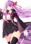  bangs bb_(fate)_(all) bb_(fate/extra_ccc) black_coat black_footwear black_skirt boots bow breasts coat fate/extra fate/extra_ccc fate/grand_order fate_(series) gloves hair_bow hair_ornament hair_ribbon holding large_breasts long_hair long_sleeves neck_ribbon purple_eyes purple_hair red_bow red_ribbon ribbon shiny shiny_skin shirt simple_background skirt solo thigh_boots thighhighs vebonbon very_long_hair white_background white_gloves white_shirt zettai_ryouiki 