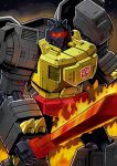  absurdres assault_visor autobot fire flaming_sword flaming_weapon grimlock highres humanoid_robot insignia jim_stafford mask mecha mouth_mask no_humans red_visor robot sword transformers transformers:_generation_1 weapon 