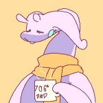  anthro beverage coffee cute derfisch derfisch_(character) dragon english_text eyes_closed gastropod goodra male nintendo orange_background pok&eacute;mon pok&eacute;mon_(species) printed_mug scarf simple_background snail solo text tired tongue tongue_out video_games 