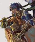  1boy absurdres armor blue_hair commentary_request fire_emblem fire_emblem:_path_of_radiance fire_emblem_heroes gloves green_headband hand_on_own_hip headband highres holding holding_weapon ike_(brave_mercenary)_(fire_emblem) ike_(fire_emblem) male_focus official_alternate_costume over_shoulder pauldrons short_hair shoulder_armor single_pauldron solo tamaro_pompom weapon weapon_over_shoulder 