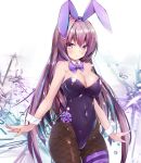  animal_ears bare_shoulders black_legwear bow bowtie breasts bunny_ears bunny_girl bunny_tail bunnysuit cleavage commentary_request covered_navel detached_collar fake_animal_ears fate_(series) fishnet_pantyhose fishnets hairband highres large_breasts leotard long_hair pantyhose purple_hair purple_hairband purple_leotard purple_neckwear red_eyes scathach_(fate)_(all) scathach_(fate/grand_order) strapless strapless_leotard tail twiska_(doubitian) 