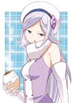  :q aila_jyrkiainen blue_eyes breasts elbow_gloves eyebrows_visible_through_hair food gloves gundam gundam_build_fighters hat head_tilt highres holding holding_food long_hair looking_at_viewer medium_breasts ningen_plamo scarf silver_hair sleeveless smile solo steam tongue tongue_out upper_body very_long_hair white_background white_gloves white_hat 