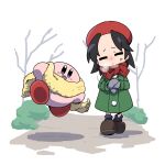  1girl adeleine beret black_hair black_socks brown_shoes closed_eyes colored_skin gloves hat highres kirby kirby_(series) kirby_64 pink_skin poyo_party red_hat red_scarf scarf shoes socks winter_clothes yellow_scarf 