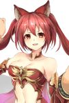  :d animal_ears breasts cerberus_(shingeki_no_bahamut) cleavage collarbone detached_sleeves floating_hair gloves long_hair luse_maonang medium_breasts midriff navel open_mouth red_hair shingeki_no_bahamut simple_background smile solo stomach twintails upper_body white_background 