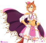  1girl animal_ears armor blush breasts cape closed_mouth crown ear_ornament fingerless_gloves gloves gold_armor gold_corset hair_between_eyes hands_on_own_hips highres horse_ears horse_girl horse_tail jewelry long_sleeves meiji_(kurumierika) mini_crown multiple_rings orange_hair orange_tail pink_cape pink_crown purple_eyes ring shirt short_hair shoulder_armor simple_background skirt smile solo t.m._opera_o_(o_sole_suo!)_(umamusume) t.m._opera_o_(umamusume) tail thighhighs two-tone_skirt umamusume white_background white_gloves white_shirt white_thighhighs 