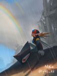  1boy absurdres armor axl_(mega_man) black_armor brown_hair chest_jewel forehead_jewel full_body helmet highres long_hair male_focus mega_man_(series) mega_man_x_(series) nao_(gatita) profile rain rainbow red_helmet sitting solo spiked_hair 