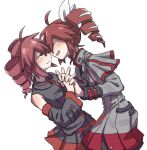  2girls blush closed_mouth detached_sleeves dress drill_hair dual_persona grey_dress grey_shirt grey_skirt hato_no_mune_wo_momitai holding_hands interlocked_fingers kasane_teto multiple_girls open_mouth pleated_skirt red_eyes red_hair selfcest shirt simple_background skirt sleeveless sleeveless_shirt smile twin_drills utau white_background yuri 