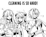  3girls apron chinese_clothes double_bun duster gloves greyscale hair_bun hands_up highres holding holding_duster jia_xichun_(project_moon) kromer_(project_moon) limbus_company long_hair low_twintails maid maid_apron maid_headdress monochrome multicolored_hair multiple_girls open_mouth project_moon qi_maid rookie_88 short_hair smile streaked_hair twintails very_long_hair yuri_(project_moon) 
