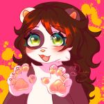 1:1 2024 anthro artist_name bangs blush blush_lines brown_body brown_fur brown_hair brown_line_art bust_portrait cheek_tuft claws colored colored_line_art digital_drawing_(artwork) digital_media_(artwork) draakots ear_blush english_description eyebrow_through_hair eyebrows eyelashes facial_tuft fangs felid feline female female_anthro finger_claws flat_chested fur hair hand_pawpads hi_res light lighting long_hair looking_at_viewer mammal multicolored_body multicolored_fur open_mouth open_smile paint_splatter pawpads pink_background pink_tongue portrait shaded shoulder_blush simple_background smile smiling_at_viewer soft_shading solo tan_inner_ear tan_nose tan_pawpads teeth text thin_eyebrows tongue translucent translucent_hair tuft two_tone_body two_tone_fur wavy_hair white_body white_claws white_fur yessi_(draakots)