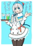  :d absurdres ahoge antenna_hair bad_id bad_pixiv_id blue_eyes capelet commentary cup dennou_shoujo_youtuber_shiro drink drinking_glass drinking_straw hair_ornament hat highres ice ice_cube looking_at_viewer open_mouth pantyhose ribbon shiro_(dennou_shoujo_youtuber_shiro) short_hair skirt smile soda solo tray tuskryo virtual_youtuber white_hair 
