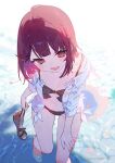  1girl atelier_(series) atelier_sophie barefoot bikini black_bikini braid breasts commentary_request copyright_notice foot_out_of_frame highres holding holding_sandals jacket looking_at_viewer noco_(adamas) official_art open_clothes open_jacket open_mouth red_eyes red_hair sandals second-party_source short_hair small_breasts smile solo sophie_neuenmuller swimsuit wading water white_jacket 