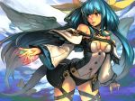  bare_shoulders black_panties blue_background blue_hair bow breasts commentary contrapposto cowboy_shot detached_collar detached_sleeves dizzy guilty_gear hair_bow hankuri large_bow long_hair long_sleeves looking_to_the_side low-tied_long_hair medium_breasts panties parted_lips red_eyes solo standing twintails underwear wings yellow_bow 
