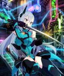  1girl aqua_armor arm_armor armor bare_shoulders black_boots black_gloves blocking body_armor boots braid breasts cyberspace game_cg gloves grey_hair hair_ornament half_up_braid holding holding_sword holding_weapon katana kitora_mirja knee_boots large_breasts long_hair neon_lights official_art solo sparks stairs stairwell sword third-party_source toji_no_miko toji_no_miko:_kizamishi_issen_no_tomoshibi weapon yellow_eyes 