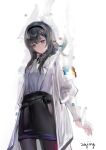  1girl absurdres arknights black_hair black_hairband black_pantyhose black_ribbon black_skirt closed_mouth coat collared_shirt distortion glitch grey_eyes hairband headband highres jacket jsnttzzj long_hair long_sleeves looking_at_viewer medium_hair pantyhose priestess_(arknights) ribbon shirt simple_background skirt smile solo static sweater turtleneck white_background white_coat white_shirt white_sweater 