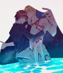  2boys armor arms_up belt black_belt black_jacket black_pants blonde_hair body_markings brown_hair closed_eyes closed_mouth collarbone commentary_request fate/extra fate/extra_ccc fate_(series) faulds gilgamesh_(fate) hand_on_another's_arm hand_on_another's_face highres jacket jewelry kishinami_hakuno_(male) layered_sleeves looking_at_another male_focus multiple_boys necklace pants shirt_tucked_in short_hair sky smile sohi star_(sky) starry_sky topless_male tsukumihara_academy_uniform_(fate/extra_ccc) water white_background yaoi 