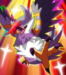  absurdres animal_focus beak bird black_sclera colored_sclera grey_feathers harlequinwaffles highres mega_pokemon mega_staraptor no_humans open_mouth pokemon pokemon_(creature) pokemon_focus red_eyes staraptor talons wings 