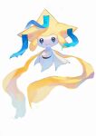  blue_eyes closed_mouth colored_skin full_body highres jirachi kodak_painter looking_at_viewer no_humans pokemon pokemon_(creature) pokemon_focus simple_background smile solo tanzaku white_background white_skin 