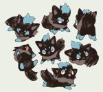  all_fours alternate_color closed_eyes commentary_request curled_up fangs grey_background half-closed_eyes highres looking_to_the_side looking_up lying multiple_views newo_(shinra-p) on_back on_side on_stomach open_mouth pokemon pokemon_(creature) pokemon_focus red_eyes shiny_pokemon sideways_glance v-shaped_eyebrows zorua 