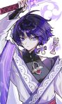  1boy absurdres alternate_universe arm_at_side arm_up armor believer_tamago black_bodysuit black_bridal_gauntlets black_hair blunt_ends bodysuit bridal_gauntlets chinese_knot clenched_hand clothing_cutout cosplay covered_collarbone electro_symbol_(genshin_impact) empty_eyes flower gem genshin_impact gnosis_(genshin_impact) hair_flower hair_ornament highres holding holding_sword holding_weapon japanese_armor japanese_clothes kimono kote kurokote looking_at_viewer male_focus mitsudomoe_(shape) multicolored_hair musou_isshin_(genshin_impact) obi parted_lips purple_eyes purple_gemstone purple_hair purple_kimono purple_sash purple_shawl purple_sleeves purple_trim raiden_shogun raiden_shogun_(cosplay) red_sash sash scaramouche_(genshin_impact) shawl shoulder_cutout solo streaked_hair sword tassel tassel_hair_ornament tomoe_(symbol) tsurime upper_body weapon white_background white_flower white_mouth white_trim wispy_bangs 