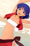  :d armpits arms_up bangs beach blue_eyes blue_hair breasts cleavage crop_top dark_skin earrings from_above fushigi_no_umi_no_nadia hair_ornament highres hoop_earrings jewelry nadia navel neck_ring on_ground open_clothes open_mouth open_vest red_vest sand sarong shiny shiny_hair short_hair small_breasts smile stomach strapless tareme tubetop upper_body vest water yahiro_(epicopeiidae) 