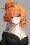  1girl blush body_freckles breasts closed_mouth freckles hair_bun hair_ornament hair_stick highres irezumi ishmael_(project_moon) kurokumo_clan_(identity)_(project_moon) large_breasts limbus_company looking_at_viewer medium_hair orange_hair project_moon rope shoulder_tattoo solo tattoo yuchan_00001 