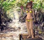 bikini clothed clothing cool. female fish fishing_rod hi_res holding_fish human looking_at_viewer mammal mangrove_forest mangrove_tree marine plant river solo swamp swimwear tree two-piece_swimsuit water