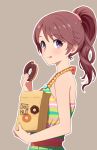  :q bag bare_shoulders blush brown_background closed_mouth doughnut dress eyebrows_visible_through_hair food hair_tie halter_top halterneck highres holding holding_bag holding_food icing idolmaster idolmaster_cinderella_girls long_hair looking_at_viewer looking_to_the_side multicolored multicolored_clothes paper_bag ponytail shiina_noriko shiny shiny_hair simple_background sleeveless sleeveless_dress solo striped tareme tongue tongue_out upper_body yahiro_(epicopeiidae) 