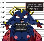 angry anthro areola big_ears black_nose blaze-lupine blue_body blue_fur clothed clothing dialogue ear_piercing eyelashes eyeshadow felid feline female floppy_ears forehead_gem front_view fur gem goumang_(nine_sols) halo hi_res lop_ears makeup mammal mugshot nine_sols nipples open_clothing open_mouth open_topwear piercing pink_areola pink_nipples red_candle_games red_clothing red_eyes red_eyeshadow red_topwear solarian solo speech_bubble text topwear