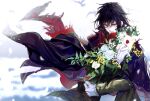 1boy absurdres bird black_cape black_hair black_jacket blurry blurry_background bouquet cape envelope flower gloves hair_between_eyes highres holding holding_bouquet holding_flower holding_letter jacket klein_moretti letter long_hair long_sleeves looking_down lord_of_the_mysteries male_focus merlin_hermes red_flower red_scarf scarf solo sumidainxin white_flower white_gloves wind 