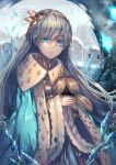  anastasia_(fate/grand_order) bangs blue_eyes cape castle cloud cloudy_sky commentary_request crown doll dress fate/grand_order fate_(series) hairband highres holding holding_doll ice jewelry long_hair looking_at_viewer mini_crown outdoors raymond_busujima royal_robe silver_hair sky snow solo standing very_long_hair winter 