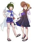  2girls ahoge alternate_costume alternate_hairstyle black_dress black_nails black_sandals blue_nails blue_sailor_collar blue_shorts book bracelet braid brown_hair brown_hat collared_shirt cup danganronpa_(series) danganronpa_another_episode:_ultra_despair_girls dress drink drinking_straw dyeodyeo_(dyumado) eyelashes fingernails flower fukawa_toko full_body glasses green_eyes green_hair hair_over_shoulder hat hat_flower holding holding_book holding_cup holding_drink holding_swim_ring jacket jewelry multiple_girls naegi_komaru nail_polish neckerchief open_clothes open_jacket open_mouth purple_neckerchief sailor_collar sandals shirt short_hair shorts side_braid simple_background single_braid smile sun_hat sweatdrop swim_ring third-party_source toenail_polish toenails white_background white_jacket white_shirt yellow_flower 