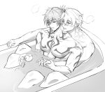  2boys absurdres arm_tattoo bath bathing bathtub blush braid chest_tattoo greyscale highres honkai:_star_rail honkai_(series) in_bathtub knees_up male_focus monochrome multiple_boys mydei_(honkai:_star_rail) neck_tattoo partially_submerged pectorals rubber_duck shared_bathing short_hair side_braid simple_background single_braid sitting srz148 sun_symbol sun_tattoo tattoo toned toned_male white_background 
