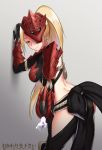  against_wall armor artist_name ass blonde_hair blue_eyes breasts commentary commission cowfee english_commentary gloves highres large_breasts leaning_forward long_hair looking_at_viewer mask mask_on_head midriff monster_hunter monster_hunter:_world odogaron_(armor) pauldrons ponytail simple_background smile solo vambraces 