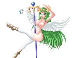  1girl angel angel_wings areolae breasts crown ecstasy_(icyblue) erect_nipples female functionally_nude goddess goddess_headdress green_eyes grinding highres jewelry kid_icarus kid_icarus_uprising large_breasts long_hair naughty_face navel nintendo nipples open_mouth open_toe_shoes palutena pole_dancing pussy_juice pussy_juice_trail shoes simple_background staff stockings super_smash_bros super_smash_bros. sweat sweaty thick_thighs thighs tongue_out v very_long_hair wide_hips wings 