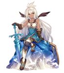  ahoge armor armored_dress boots breastplate commentary_request dark_skin dress gloves granblue_fantasy ice leather leather_gloves long_hair looking_at_viewer red_eyes shield short_dress sitting slee solo sword thighhighs weapon white_hair zooey_(granblue_fantasy) 