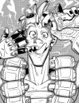  03kiyou 1boy absurdres arm_up black_nails collarbone commentary detonator english_commentary explosive finger_in_own_mouth goggles goggles_on_head grenade greyscale highres holding holding_detonator junkrat_(overwatch) long_tongue looking_at_viewer male_focus mechanical_arms missing_tooth monochrome nail_polish open_mouth overwatch prosthesis prosthetic_arm saliva short_hair single_mechanical_arm smile teeth tongue tongue_out wide-eyed 
