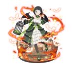  ankle_ribbon bandage_over_one_eye black_eyes black_hair black_legwear black_wings bow breasts choker demon_wings detached_sleeves dress fire full_body green_bow green_ribbon holding kirigaya_suguha large_breasts layered_dress leg_up looking_at_viewer neck_ribbon official_art ribbon shoe_bow shoes short_hair simple_background sleeveless smile solo standing standing_on_one_leg strapless strapless_dress striped sword_art_online sword_art_online:_code_register vertical_stripes white_background wings 