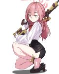  1girl absurdres aru_(blue_archive) black_skirt blue_archive breasts closed_mouth commentary from_side gloves halo high_heels highres holding holding_weapon horns long_hair long_sleeves neck_ribbon neophyte over_shoulder pink_eyes pink_hair ribbon shirt shirt_tucked_in side_slit simple_background skirt solo squatting thighs weapon weapon_over_shoulder white_background white_gloves white_shirt 
