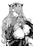  armor black_armor breasts bursting_breasts camilla_(fire_emblem_if) cleavage commentary_request finger_to_mouth fire_emblem fire_emblem_heroes fire_emblem_if greyscale hair_over_eyes hair_over_one_eye hand_on_own_chest huge_breasts lips long_hair messatsu_tan monochrome naughty_face solo tiara wavy_hair 