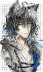  1boy ahoge animal_ear_fluff animal_ears arknights black_hair blue_hair closed_mouth facial_hair fox_boy fox_ears grey_eyes grid_background highres honi_(ohohoni) long_hair male_focus mole mole_on_chest mole_under_eye multicolored_hair nowell_(arknights) side_ponytail solo wavy_hair 