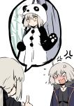  ahoge anger_vein animal_costume artoria_pendragon_(all) bamboo banner black_shirt blank_eyes blush closed_mouth coat commentary embarrassed english_commentary fate/grand_order fate_(series) flying_sweatdrops full-face_blush fur_trim highres holding index_finger_raised jeanne_d'arc_(alter)_(fate) jeanne_d'arc_(fate)_(all) jewelry looking_at_another looking_at_viewer multiple_girls nanaya_(daaijianglin) necklace open_mouth panda_costume paws ponytail saber_alter shirt short_hair simple_background sparkle white_background wicked_dragon_witch_ver._shinjuku_1999 yellow_eyes 