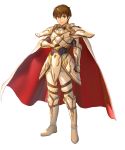  aoji_(aoji-web) armor bangs boots brown_eyes brown_hair cape clenched_hand closed_mouth faulds fingerless_gloves fire_emblem fire_emblem:_thracia_776 fire_emblem_heroes full_body gauntlets gloves highres knee_boots leaf_(fire_emblem) looking_at_viewer male_focus official_art pants short_hair shoulder_armor solo standing transparent_background white_footwear 