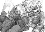  2boys 9s_(nier:automata) 9s_(nier:automata)_(cosplay) arm_armor armor between_legs blindfold boy_on_top choker closed_mouth cloud_strife cloud_strife_(scanner_ensemble) cosplay evil_grin evil_smile final_fantasy final_fantasy_vii final_fantasy_vii:_ever_crisis gloves grin hand_on_another's_face highres imminent_kiss jacket long_sleeves looking_at_another male_focus multiple_boys nier:automata nier_(series) none_(kameko227) official_alternate_costume pants pauldrons pendant_choker sephiroth sephiroth_(ever_crisis) short_hair shoulder_armor smile spiked_hair white_background yaoi 