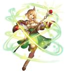  bangs blonde_hair boots breastplate breasts bridal_gauntlets cape capelet collarbone dress fire_emblem fire_emblem:_thracia_776 fire_emblem_heroes full_body green_dress green_eyes hair_ornament high_heel_boots high_heels highres holding jewelry konfuzikokon leg_up looking_away medium_breasts nanna_(fire_emblem) necklace official_art open_mouth shiny short_dress short_hair short_sleeves shoulder_armor sidelocks solo sparkle staff transparent_background 