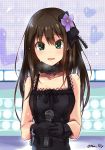  :d black_gloves black_gothic_dress_(idolmaster) black_ribbon black_shirt brown_hair choker collarbone eyebrows_visible_through_hair flower gloves green_eyes hair_between_eyes hair_flower hair_ornament hair_ribbon highres holding holding_microphone idol idolmaster idolmaster_cinderella_girls long_hair microphone open_mouth paopao purple_flower ribbon shibuya_rin shirt signature sleeveless sleeveless_shirt smile solo standing twitter_username upper_body 