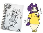 2025 animal_crossing anthro black_eyes black_nose breasts brush brushing brushing_teeth character_name character_signature clothing cool_s dress eulipotyphlan female flower_accessory footwear gloves_(marking) guide_lines hair_strands half-closed_eyes hand_behind_head hedgehog hi_res high_heels label_able mammal markings mouthless narrowed_eyes nintendo notebook onomatopoeia oversized_clothing oversized_shirt oversized_topwear pointy_nose pose purple_body purple_quills question_mark quill_hair ringed_eyes sableablesimp sandals scratching_butt shirt shoes short_tail sketch solo sound_effects sparkles striped_markings striped_tail stripes tail tail_markings text topwear white_body white_face white_legs widescreen yellow_clothing yellow_footwear yellow_sandals yellow_shirt yellow_topwear