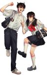  1boy 1girl :d absurdres bag bag_charm black_pants black_shoes black_skirt breasts buttons charm_(object) clenched_hand commentary_request full_body ggnmdn highres kneehighs korean_commentary loafers neck_ribbon open_mouth original pants red_ribbon ribbon school_bag school_uniform shirt shoes short_sleeves skirt sleeves_rolled_up smile sneakers socks standing standing_on_one_leg summer_uniform teeth tongue twintails upper_teeth_only v white_shirt white_shoes white_socks 