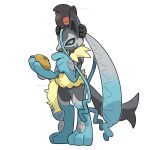  1other animal_ears black_fur blue_eyes blue_fur body_fur colored_sclera full_body furry ghost highres holding holding_mask lucario mask mega_lucario_z mega_pokemon multicolored_fur muru_zatta on_head pokemon pokemon_(creature) pokemon_focus pokemon_legends:_z-a pokemon_on_head red_sclera simple_background tail white_background yamask yellow_fur 