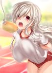  bangs blurry blurry_background blush bouncing_breasts bound bound_wrists braid bread bread_eating_race breasts buruma clip commentary eyebrows_visible_through_hair food g36c_(girls_frontline) girls_frontline gundam00uc gym_uniform hair_over_one_eye large_breasts long_hair open_mouth red_buruma red_eyes rope shirt side_braid sidelocks silver_hair solo sports_festival sweat sweatdrop thighs tongue track_and_field unaligned_breasts very_long_hair white_shirt 