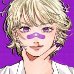  1girl bandaid bandaid_on_face bandaid_on_nose ben-day_dots blonde_hair closed_mouth commentary_request diamond-shaped_earrings ear_piercing earrings eyelashes fingernails hand_on_own_chin heart highres jewelry lips long_fingernails looking_at_viewer messy_hair nail_polish original piercing pink_lips portrait purple_background purple_eyes purple_nails sakana_akami screentones shirt short_hair smile solo straight-on twitter_username white_shirt 